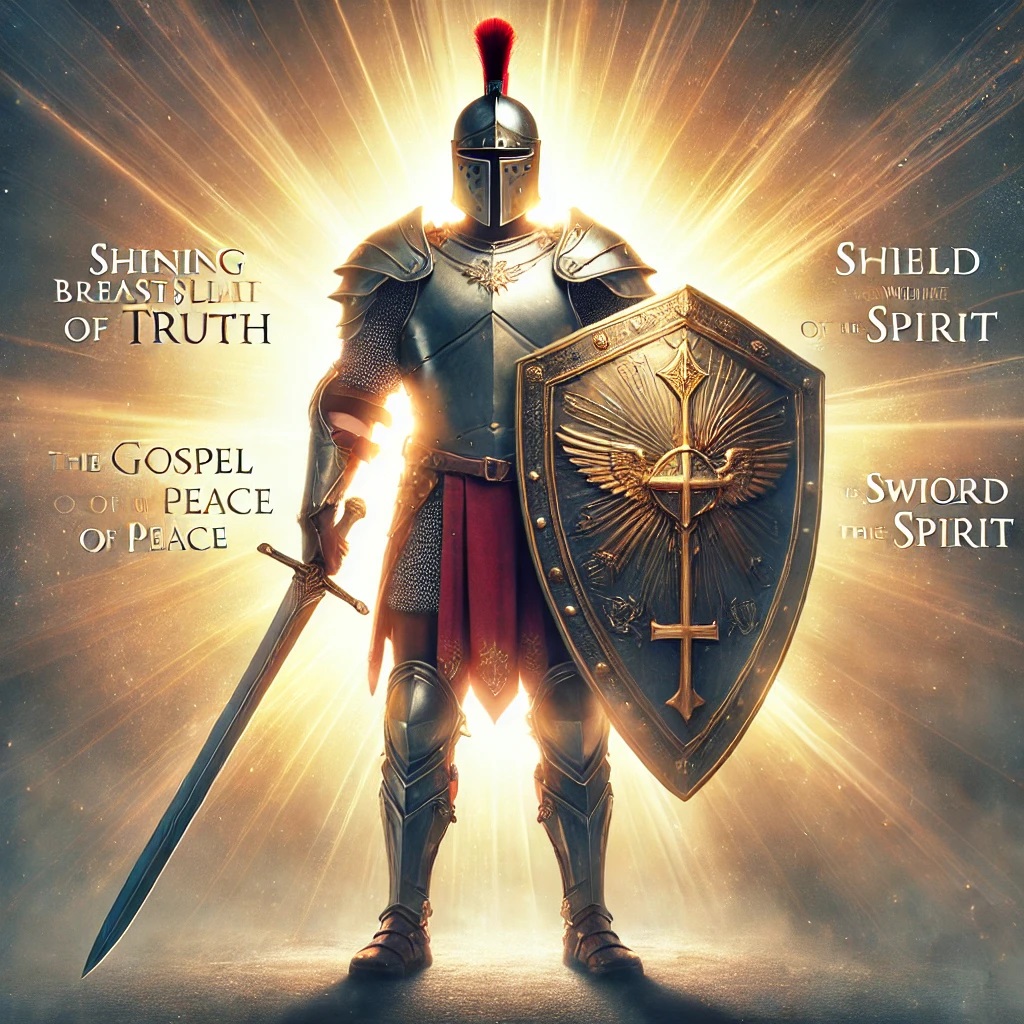 A warrior standing firm in the Armor of God, inspired by Ephesians 6:10-24. The warrior wears a belt of truth, a shining breastplate of righteousness, sturdy shoes of the gospel of peace, holding a large shield of faith and a sword of the Spirit. The warrior has a helmet of salvation, and the scene is set against a radiant, heavenly backdrop. The light suggests spiritual strength and divine protection, with an ethereal glow surrounding the figure. The warrior looks ready for spiritual battle, exuding faith and courage.