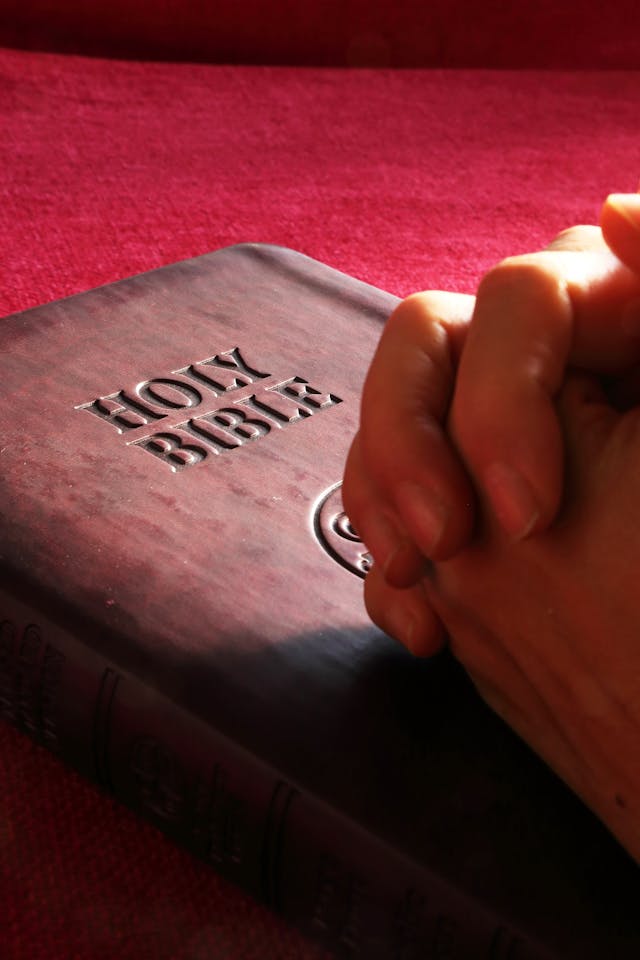 folded hands with bible