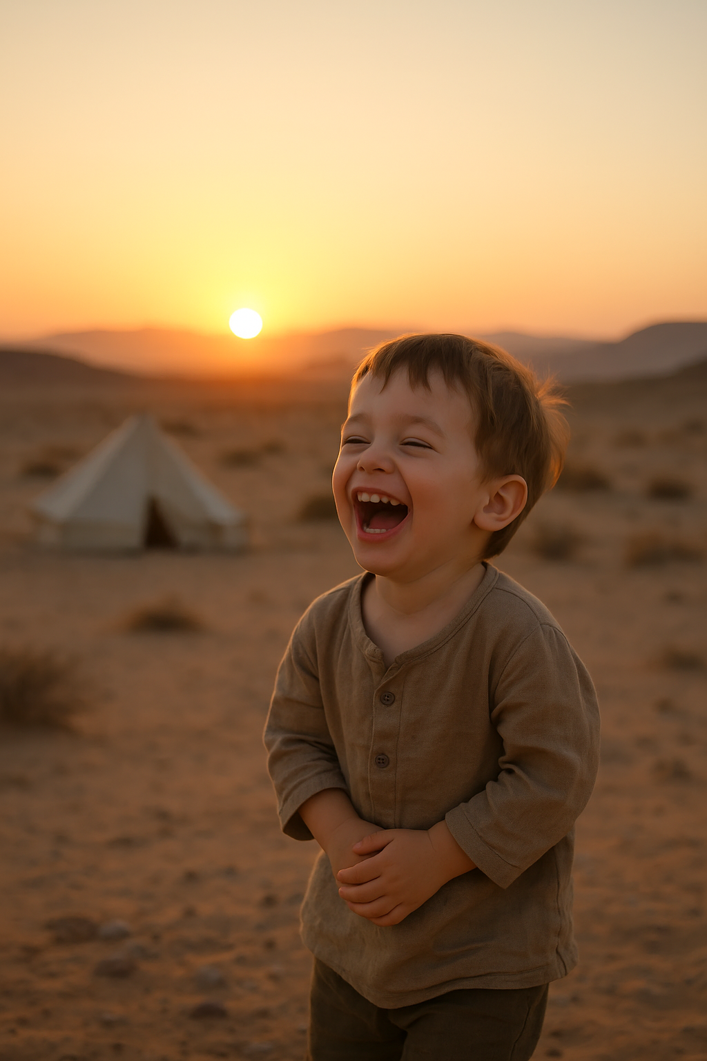 boy laughing in desert