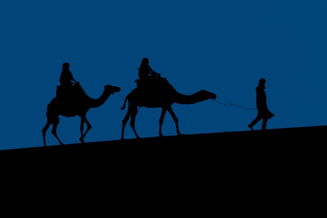 silhouette of people riding camel